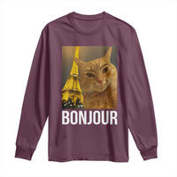 Funny Cat Bonjour Long Sleeve Shirt Paris France Eiffel Tower Orange Cat Meme - Wonder Print Shop