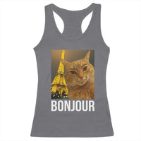 Funny Cat Bonjour Racerback Tank Top Paris France Eiffel Tower Orange Cat Meme - Wonder Print Shop