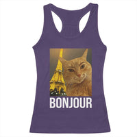 Funny Cat Bonjour Racerback Tank Top Paris France Eiffel Tower Orange Cat Meme - Wonder Print Shop
