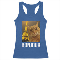 Funny Cat Bonjour Racerback Tank Top Paris France Eiffel Tower Orange Cat Meme - Wonder Print Shop