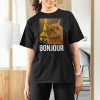 Funny Cat Bonjour T Shirt For Women Paris France Eiffel Tower Orange Cat Meme - Wonder Print Shop