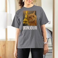 Funny Cat Bonjour T Shirt For Women Paris France Eiffel Tower Orange Cat Meme - Wonder Print Shop