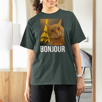 Funny Cat Bonjour T Shirt For Women Paris France Eiffel Tower Orange Cat Meme - Wonder Print Shop