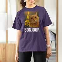 Funny Cat Bonjour T Shirt For Women Paris France Eiffel Tower Orange Cat Meme - Wonder Print Shop