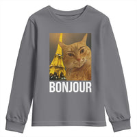 Funny Cat Bonjour Youth Sweatshirt Paris France Eiffel Tower Orange Cat Meme - Wonder Print Shop