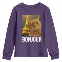 Funny Cat Bonjour Youth Sweatshirt Paris France Eiffel Tower Orange Cat Meme - Wonder Print Shop
