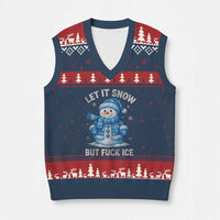 Anti ICE Xmas V-Neck Knit Sweater Vest Retro Blue Snowman Let It Snow But Fuck Ice - Wonder Print Shop