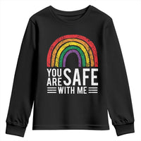You Are Safe With Me Youth Sweatshirt Retro Rainbow LGBTQ Ally Pride - Wonder Print Shop