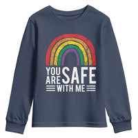 You Are Safe With Me Youth Sweatshirt Retro Rainbow LGBTQ Ally Pride - Wonder Print Shop
