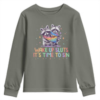 Funny Racoon Pride Youth Sweatshirt Wake Up Sluts It Is Time To Sin LGBTQ Rainbow Flag - Wonder Print Shop