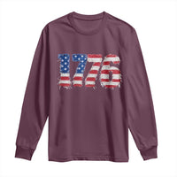 Distressed Faux Patchwork 1776 USA Flag Long Sleeve Shirt Vintage Effect Printing Patriotic Graphic 4th Of July Independence Day