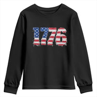 Distressed Faux Patchwork 1776 USA Flag Youth Sweatshirt Vintage Effect Printing Patriotic Graphic 4th Of July Independence Day