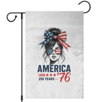 America 250 Years Garden Flag 250th Anniversary USA Patriotic Girl Messy Bun 1776 2026