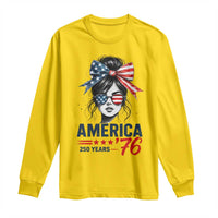 America 250 Years Long Sleeve Shirt 250th Anniversary USA Patriotic Girl Messy Bun 1776 2026