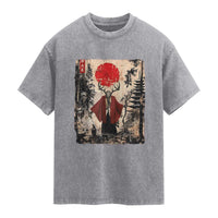 Samurai Wendigo Washed Cotton T-Shirt Japanese Vintage Graphic Ukiyo-e Art Funny Dark Fantasy