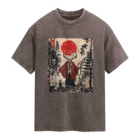 Samurai Wendigo Washed Cotton T-Shirt Japanese Vintage Graphic Ukiyo-e Art Funny Dark Fantasy