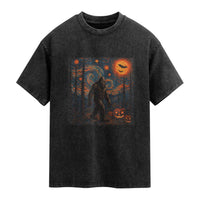 Bigfoot Starry Night Washed Cotton T-Shirt Funny Halloween Van Gogh Sasquatch Lovers