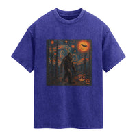 Bigfoot Starry Night Washed Cotton T-Shirt Funny Halloween Van Gogh Sasquatch Lovers