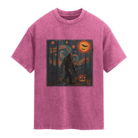 Bigfoot Starry Night Washed Cotton T-Shirt Funny Halloween Van Gogh Sasquatch Lovers