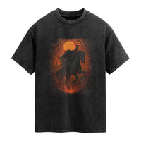 Scary Pumpkin Headless Horseman Halloween Washed Cotton T-Shirt