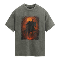 Scary Pumpkin Headless Horseman Halloween Washed Cotton T-Shirt