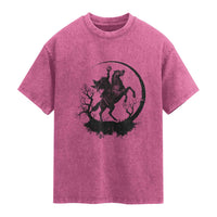 Headless Horseman Washed Cotton T-Shirt Retro Gothic Scary Pumpkin Moon Halloween Costume