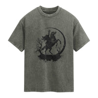 Headless Horseman Washed Cotton T-Shirt Retro Gothic Scary Pumpkin Moon Halloween Costume