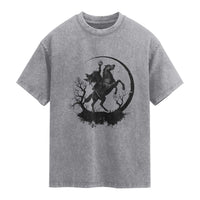 Headless Horseman Washed Cotton T-Shirt Retro Gothic Scary Pumpkin Moon Halloween Costume
