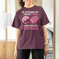 In October We Wear Pink Football Breast Cancer Awareness T Shirt For Women Pink Ribbon Checkered Game Day - Wonder Print Shop