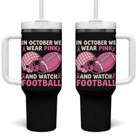 In October We Wear Pink Football Breast Cancer Awareness Tumbler With Handle Pink Ribbon Checkered Game Day - Wonder Print Shop