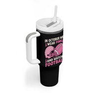 In October We Wear Pink Football Breast Cancer Awareness Tumbler With Handle Pink Ribbon Checkered Game Day - Wonder Print Shop