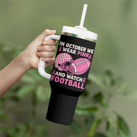 In October We Wear Pink Football Breast Cancer Awareness Tumbler With Handle Pink Ribbon Checkered Game Day - Wonder Print Shop