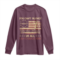 Charlie Kirk Long Sleeve Shirt You Cant Silence Us All Retro American Flag Cross - Wonder Print Shop
