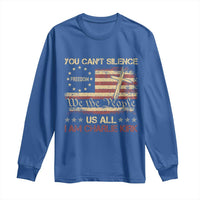 Charlie Kirk Long Sleeve Shirt You Cant Silence Us All Retro American Flag Cross - Wonder Print Shop