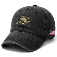 Camo Bass Fishing Washed Cotton Baseball Cap Patriotic US Flag Fisherman