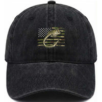 Camo Fish Hook Fishing Washed Cotton Baseball Cap Patriotic US Flag Fisherman Camouflage Bass Fishing