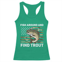 Fish Around and Find Trout Racerback Tank Top Camo Bass Fishing Meme US Flag Punny Pun Dad - Wonder Print Shop