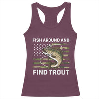 Fish Around and Find Trout Racerback Tank Top Camo Bass Fishing Meme US Flag Punny Pun Dad - Wonder Print Shop