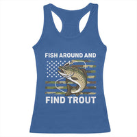 Fish Around and Find Trout Racerback Tank Top Camo Bass Fishing Meme US Flag Punny Pun Dad - Wonder Print Shop