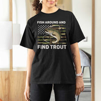 Fish Around and Find Trout T Shirt For Women Camo Bass Fishing Meme US Flag Punny Pun Dad - Wonder Print Shop