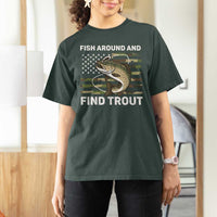 Fish Around and Find Trout T Shirt For Women Camo Bass Fishing Meme US Flag Punny Pun Dad - Wonder Print Shop