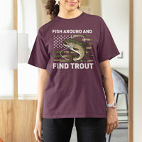 Fish Around and Find Trout T Shirt For Women Camo Bass Fishing Meme US Flag Punny Pun Dad - Wonder Print Shop