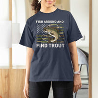 Fish Around and Find Trout T Shirt For Women Camo Bass Fishing Meme US Flag Punny Pun Dad - Wonder Print Shop
