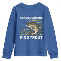 Fish Around and Find Trout Youth Sweatshirt Camo Bass Fishing Meme US Flag Punny Pun Dad - Wonder Print Shop
