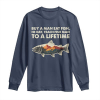 Funny Fishing Meme Long Sleeve Shirt Vintage Buy A Man Eat Fish Inappropriate - Wonder Print Shop