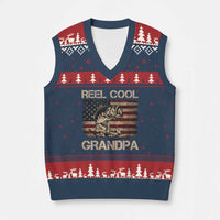 Reel Cool Grandpa V-Neck Knit Sweater Vest Funny Fishing USA Flag Patriotic Fisherman Fathers Day