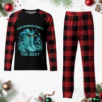 Give Ovarian Cancer The Boot Plaid Pajama Set Cowgirl Cancer Awareness Teal Ribbon