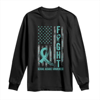 Sexual Assault Awareness Long Sleeve Shirt Fight Cancer American Flag Teal Ribbon