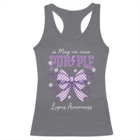 In May We Wear Purple Lupus Awareness Racerback Tank Top Purple Ribbon Coquette Bow