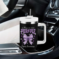 In May We Wear Purple Lupus Awareness Tumbler With Handle Purple Ribbon Coquette Bow